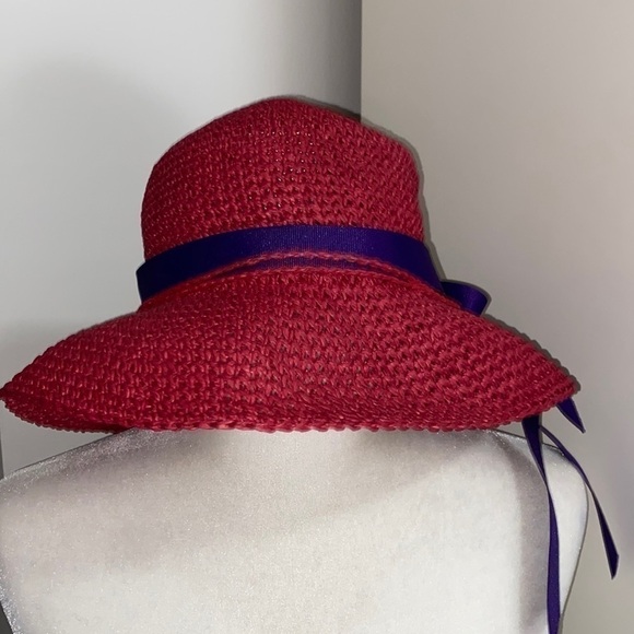 Red Hat Society Casual Straw Hat Purple Ribbon Summer Floppy Relaxed Bohemian - Picture 10 of 13